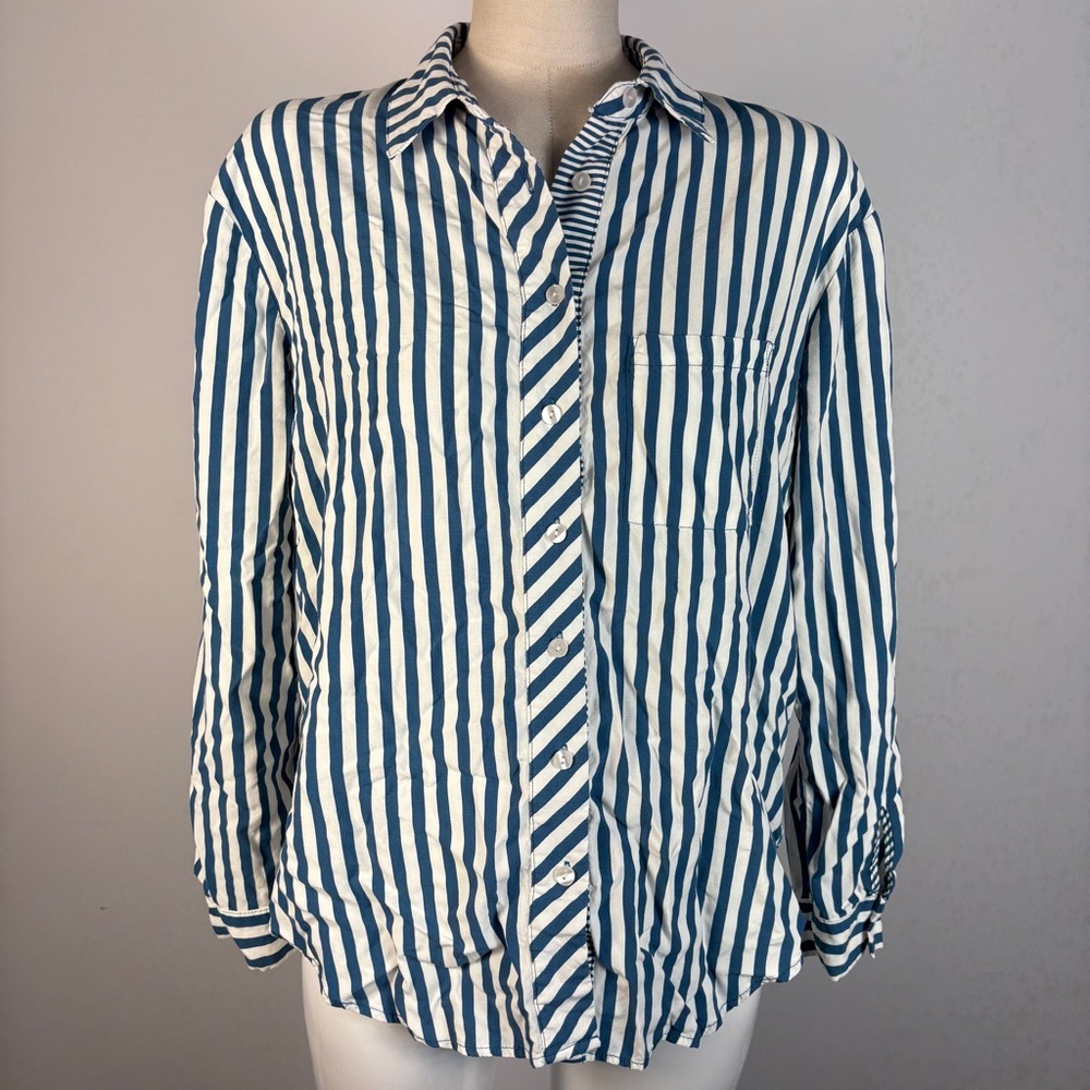 Jane + Delancey Blue White Striped Button-Down Shirt L